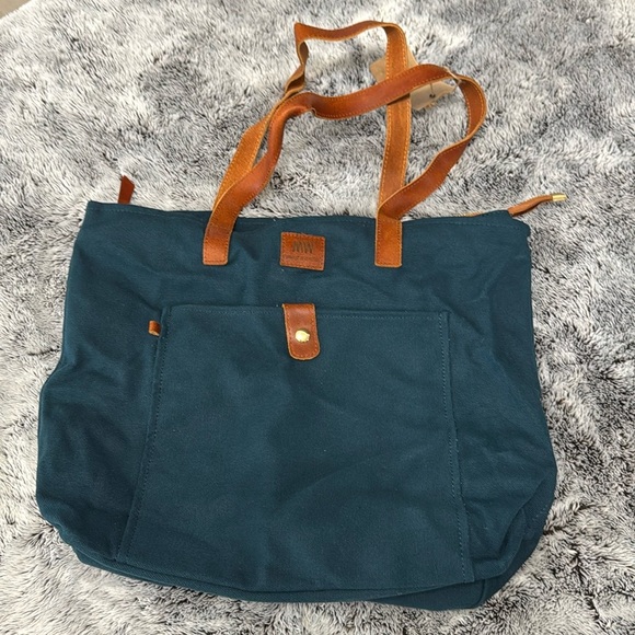 NWT MW Most Wanted Canvas Tote With Leather Straps‎ Deep Teal Blue Color Pockets - Picture 1 of 9